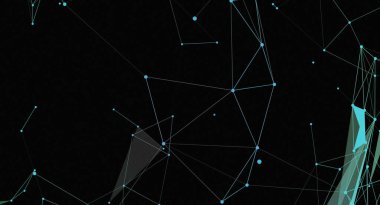 Birbirine bağlı mavi noktalar ve çizgilerden oluşan bir ağ siyah bir arkaplan üzerinde gösterilir. Çizgiler ağ benzeri bir model oluşturuyor, bağlantı ve teknolojiyi işaret ediyor. Genel etkisi modern ve gelecekçidir..