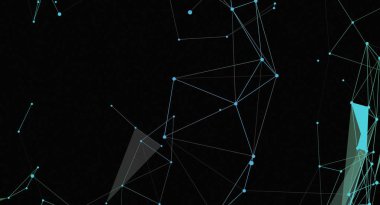 Bu, birbirine bağlı açık mavi çizgiler ve siyah arkaplan üzerindeki noktalardan oluşan bir ağın soyut bir görüntüsü. Çizgiler geometrik şekiller oluşturuyor, geleceksel ve teknolojik bir his yaratıyor. Yapı bağlantı ve veri akışı öneriyor, ide