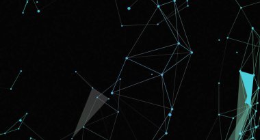 Bu resim, koyu arkaplan üzerinde açık mavi noktalar ve çizgilerin kompleks geometrik desenlerle birbirine bağlı olduğu soyut bir ağ illüstrasyonunu gösterir. Görsel olarak dijital bağlantılar, teknoloji ve geleceksel kavramlar öneriliyor..