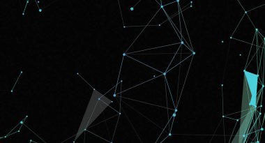 Mavi noktalı ve koyu arkaplandaki çizgileri birleştiren soyut bir ağ. Bu geometrik yapı bir bağlantı ve modern teknolojiyi çağrıştırıyor. Tasarım arımlar arkaplan ya da grafik ögeler için uygundur.