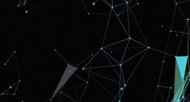 Ağ benzeri bir yapıdaki noktaları koyu bir arkaplana bağlayan mavi çizgilerin yer aldığı soyut bir dijital arkaplan. Geometrik şekiller de mevcut, modern bir teknolojik estetik taşıyorlar.