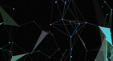 Mavi ve yeşil geometrik şekillere ve çizgilere sahip soyut arkaplan siyah arkaplan üzerinde bir bağlantı ağı oluşturuyor. Bu tasarım çeşitli amaçlar için kullanılabilir..