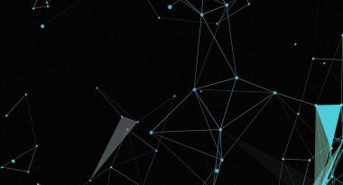 Bu soyut resim, birbirine bağlı açık mavi çizgiler ve noktalardan oluşan bir ağı, siyah bir arkaplan karşısında karmaşık bir geometrik yapı oluşturur. Teknoloji, bağlantı ve fütüristik tasarımı çağrıştırıyor. Şablon dijital bir m 'yi gösteriyor.