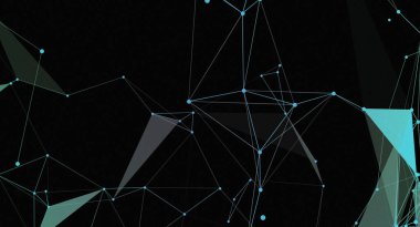 Açık mavi çizgiler ve noktalardan oluşan geometrik bir ağ içeren soyut arkaplan, siyah bir zemin üzerinde birbirine bağlı üçgenler ve çokgenler oluşturuyor. Modern, dijital ve gelecekçi bir havası var..