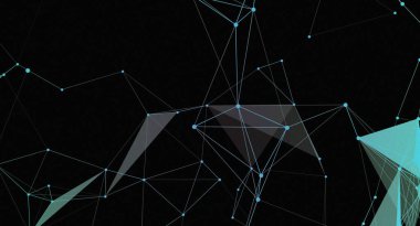 Mavi çizgiler ve noktalarla soyut ağ bağlantısı arka planında siyah bir arkaplan üzerinde geometrik desen oluşturuyor. Bu resim teknoloji, bilim veya grafik tasarım projelerinde kullanılmak için idealdir..