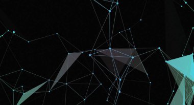 Bu resim siyah arkaplanda açık mavi birbirine bağlı çizgiler ve düğümlerle soyut geometrik bir ağ arkaplanı gösterir. Karmaşık web benzeri yapı ve fütüristik tasarım, bunu çeşitli dijital ve teknolojiyle ilgili projeler için uygun kılıyor.