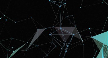 Bu, parlayan mavi çizgilerle ağ bağlantısı kuran, siyah arkaplanda üçgenler ve çokgenler yaratan soyut bir resim. Sahne, bir teknoloji ve gelecek tasarımı hissi uyandırıyor..