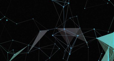 Siyah bir zemin üzerinde mavi noktaları birleştiren mavi çizgilerden oluşan dijital soyut bir arkaplan. Geometrik şekiller birbirine bağlı çizgiler tarafından oluşturulur. Tasarım veriler, ağlar ve gelecekteki teknolojiler hakkında bir izlenim veriyor..