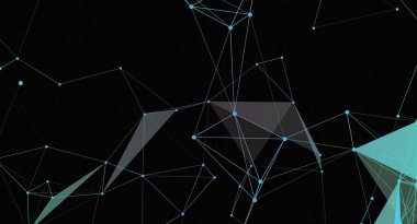 Birbirine bağlı çizgilerden oluşan dijital soyut bir ağ ve noktalar koyu bir arkaplanda geometrik ve geleceksel bir desen oluşturuyor. Açık mavi çizgiler ve noktalar ağ benzeri bir yapı oluşturarak bağlantı ve teknolojik karmaşıklık hissi yaratıyor..