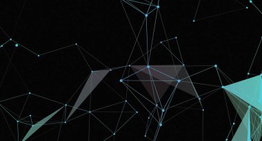 Açık mavi çizgilerle koyu siyah arkaplanda noktaları birleştiren soyut ağ çizimi. Tasarım ağ benzeri karmaşık bir yapı yaratıyor.