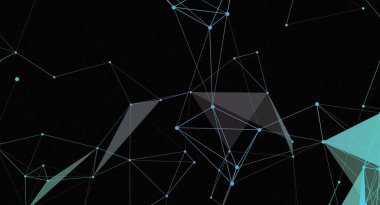 Bu soyut resim, açık mavi çizgiler ve noktaların geometrik şekiller oluşturduğu bir ağ bağlantı tasarımı içerir. Arka plan karanlık, modern ve fütürist bir hava yaratıyor..