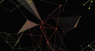 Bu, birbirine bağlı çizgi ve noktalardan oluşan bir ağı gösteren soyut bir resim. Çizgiler üçgenler ve çokgenler gibi geometrik şekiller oluşturur ve görüntü koyu arkaplan üzerinde turuncu ve sarı bir gradyan içerir..