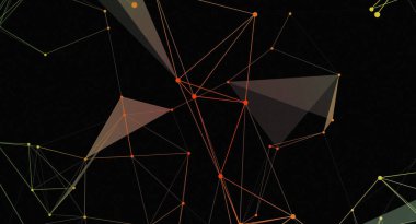 Birbirine bağlı çizgiler ve noktalardan oluşan bir ağ içeren soyut bir resim, geometrik ve geleceksel bir şablon oluşturuyor. Tasarım, bir teknoloji ve dijital bağlantı hissini iletiyor. Çizgiler turuncu ve açık yeşil tonlarında değişkenlik gösterir.