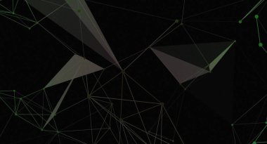 Yeşil çizgiler ve noktalarla soyut illüstrasyon koyu bir arkaplanda bağlı geometrik şekiller ağı oluşturuyor. Bu fütüristik ya da teknoloji temalı bir fon olarak kullanılabilir..
