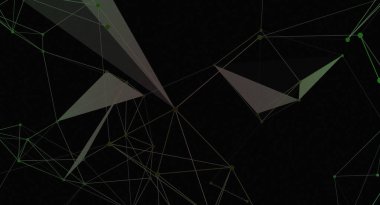 Birbirine bağlı çizgiler ve noktalardan oluşan bir ağ içeren soyut bir resim, karanlık bir arkaplana karşı geometrik bir yapı yaratıyor. Çizgiler ve noktalar açık yeşil ve gri olarak görünür, şekiller ve bağlantılar oluşturur, bu da dijital ya da teknolojik