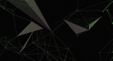 Bu resim, koyu bir arkaplan üzerinde çizgi ve noktalardan oluşan soyut bir geometrik ağı içerir. Tasarım, modern ve teknolojik bir hissi çağrıştıran üç boyutlu dijital elementler ve şeffaf üçgen şekiller içeriyor. Ağ şablonu c