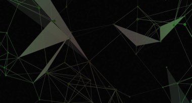 Bağlı yeşil çizgiler ve noktalar ağına sahip koyu bir arkaplan içeren soyut bir illüstrasyon, teknoloji ve bağlantı hissi yaratıyor..