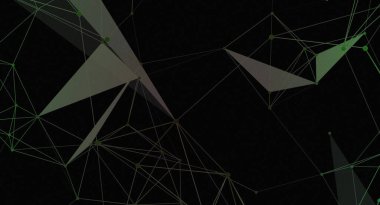 Birbirine bağlı yeşil çizgiler ve noktaların yer aldığı dijital soyut bir arkaplan koyu bir arkaplan üzerinde ağ benzeri bir yapı oluşturuyor. Tasarımın modern, fütüristik bir hissi var ve teknolojiyle ilgili görseller için uygun..
