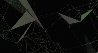 Yeşil çizgiler ve noktalardan oluşan soyut bir tasarım siyah bir arkaplana karşı çokgen bir yapı oluşturuyor. Görüntü bir teknoloji, bağlantı ve karmaşıklık hissi veriyor..