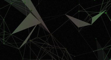 Soyut bir geometrik ağ tasarımı, bir dizi çokgen şekil ve bağlayıcı çizgiler içerir. Tasarım, koyu arkaplan ve açık yeşil çizgilerin ve noktaların kullanıldığı modern ve teknolojik bir duyguya sahip ve görsel olarak karmaşık bir iç içe geçmiş yaratıyor.