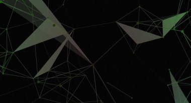 Karanlık bir zemin üzerinde yeşil çizgiler, çokgenler ve noktalardan oluşan soyut bir resim. Tasarım, modern dijital teknoloji ve karmaşık sistemleri hatırlatan bir bağlantı ve yapı hissi uyandırıyor..