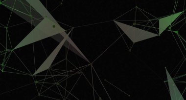 Yeşil düğümleri ve karanlık bir zemin üzerinde şeffaf üçgenleri olan soyut geometrik bir ağ. Görüntü birbirine bağlı çizgiler ve noktalar teknolojiyle ya da bilimle ilgili projeler için ideal karmaşık ve modern bir model oluşturuyor..