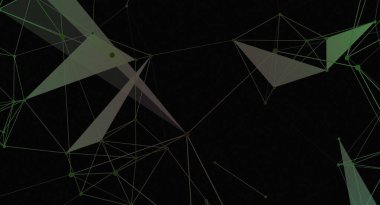 Siyah bir zemin üzerinde birbirine bağlı çizgiler, üçgenler ve düğümlerden oluşan yeşil ağ içeren soyut bir dijital sanat görüntüsü. Tasarım geometrik ve modern, teknoloji, bilim ve iletişim temalarını çağrıştırıyor..