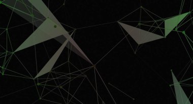 Çevreci ve gri tonlarında şeffaf üçgenler oluşturan çokgen bağlı çizgiler ve noktalardan oluşan soyut dijital arkaplan. Tasarım, karanlık bir arkaplan karşısında karmaşık ve birbirine bağlı bir yapıya sahiptir..