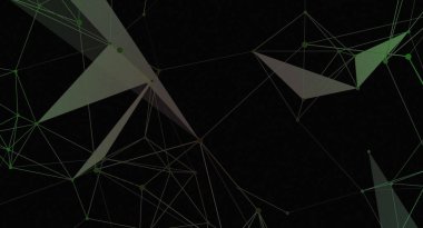 Koyu arkaplan, birbirine bağlı geometrik şekiller oluşturan ince yeşil çizgilerden oluşan bir ağ içerir. Yeşil düğümler kesişme noktalarını vurgular, karmaşık ve soyut bir kablo yapısı yaratır. Genel etkisi modern ve görsel olarak çarpıcı.