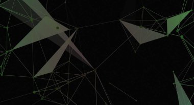 Siyah zemin üzerinde yeşil çizgiler, noktalar ve şeffaf üçgenler bulunan soyut bir dijital ağ çizimi. Tasarım, teknoloji veya bilim temalı projeler için uygun bir bağlantı ve karmaşıklık hissi yaratıyor..