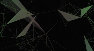 Yeşil çizgilerle düğümleri birleştiren ve karanlık bir zemin üzerinde üçgen oluşturan geometrik bir ağın soyut görüntüsü. Tasarım modern ve karmaşık, teknoloji veya bilimle ilgili konular için uygundur..
