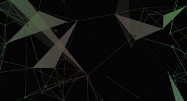 Birbirine bağlı çizgiler, düğümler ve üçgenler içeren soyut geometrik bir ağ. Katı siyah bir arkaplanda yeşilin değişik tonlarında. Bu dijital grafik modern ve fütüristik tasarım konseptini sunar..