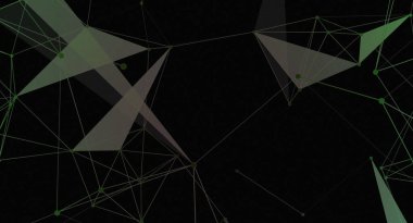 Geometrik deseni gösteren soyut bir resim. Karanlık bir zemin üzerinde birbirine bağlı çizgiler ve üçgenler var. Tasarım modern ve fütüristik olup çeşitli grafik tasarım projelerinde kullanılabilir..