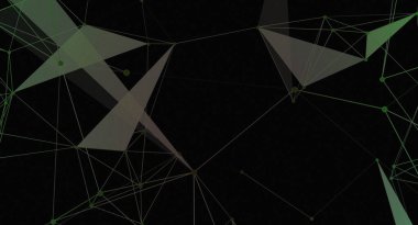 Siyah bir zemin üzerinde birbirine bağlı çizgiler ve yeşil tonlarda düğümlerden oluşan bir ağ içeren soyut bir illüstrasyon. Kompozisyon, çeşitli dijital bağlamlar için uygun bir bağlantı, teknoloji ve veri görselleştirmesi hissi taşır..