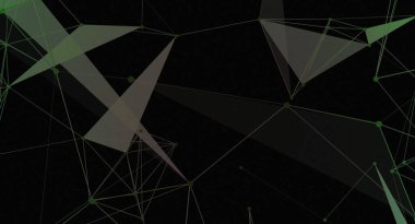 Yeşil düğümlerden oluşan geometrik bir ağ ve siyah arkaplana karşı çizgilerle birbirine bağlı gri üçgenlerden oluşan soyut bir resim. Bu dijital sanat eserleri bağlantılar, teknoloji ve modern bir estetik tasarım öneriyor..
