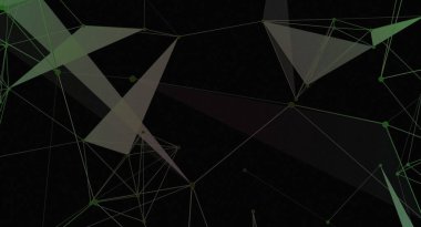 Bu resim birbirine bağlı yeşil çizgiler ve çokgenlerle soyut bir ağ içerir. Tasarım, teknolojik veya geleceksel tasarımlar için uygun, siyah bir arkaplanda geometrik deseniyle bir derinlik ve karmaşıklık hissi yaratıyor..
