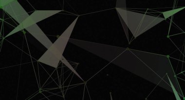 Yeşil çizgilerden ve koyu arkaplanda şekillerden oluşan geometrik bir ağ içeren soyut bir resim. Tasarım birbirine bağlı çizgiler, noktalar, üçgenler ve çokgenler içererek karmaşık ve modern bir model oluşturur. Bu grafik ögesi uygun 