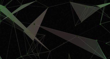 Yeşil çizgiler ve düğümlerle çokgen bir ağ içeren soyut bir resim, karanlık bir arkaplan karşısında karmaşık bir ağ yapısı yaratıyor. Tasarım bir bağlantı ve teknoloji hissi uyandırıyor..