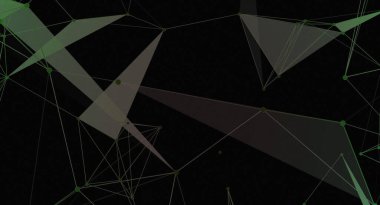 Bu soyut resim, yeşil noktalarla birbirine bağlanmış ve şeffaf üçgenler oluşturan geometrik bir ağ içerir. Tasarım, karanlık bir arkaplana karşı modern ve teknolojik bir his yaratıyor. Dijital ya da bilimsel bağlamlarda kullanmak için idealdir..