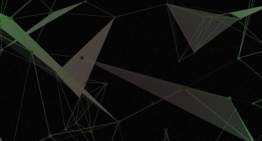 Bu soyut resim, bağlı çizgiler ve noktalar tarafından oluşturulan koyu arkaplan ile geometrik şekilleri içerir. Yeşil ve gri çokgenler çeşitli uygulamalar için uygun modern ve minimalist bir tasarım oluştururlar..