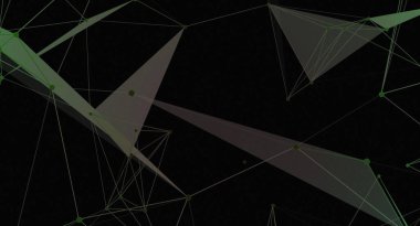 Siyah zemin üzerinde yeşil saydam çokgenler oluşturan soyut çizgi ve noktalardan oluşan bir dijital resim. Tasarım modern ve gelecekçi bir hissi çağrıştırıyor..