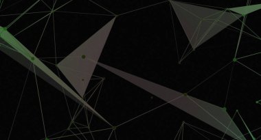 Birbirine bağlı yeşil düğümler ve karanlık bir arkaplan karşısında üçgen şekiller içeren soyut bir ağ arkaplanı. Tasarım, geometrik kalıpları ve kablo estetiği ile bir bağlantı ve veri akışı hissi uyandırıyor..