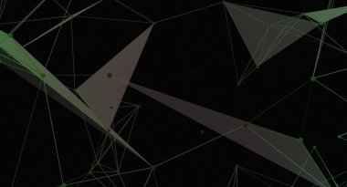 Soyut bir resim, birbirine bağlı çizgiler ve katı siyah arkaplan karşısında yeşil düğümlerden oluşan bir ağ içerir. Geometrik şekiller dijital ve geleceksel bir görünüm yaratıyor..