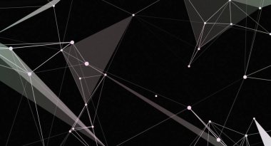 Bir ağın soyut görüntüsü, beyaz çizgiler ve açık pembe noktalar koyu siyah arkaplanda geometrik şekiller oluşturuyor. Tasarım fütüristik ve modern görünüyor.