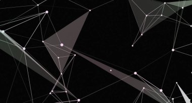 Beyaz çizgiler ve birbirine bağlı düğümlerin şeffaf şekiller oluşturduğu soyut bir dijital ağ çizimi. Tasarım, karanlık bir zemin üzerine kurulmuş bir teknoloji ve dijital iletişim hissi yaratıyor. Grafik olarak kullanmak için mükemmel. 