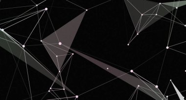 Bu soyut görüntü, birbirine bağlı beyaz çizgiler ve siyah arkaplan karşısında mor noktalardan oluşan bir ağı, dijital ve geleceksel bir şablon oluşturur. Geometrik şekiller ve çizgiler modern ve teknolojik bir kavrama işaret ediyor..