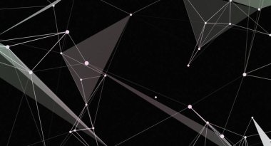 Birbirine bağlı beyaz çizgiler ve koyu arkaplanda pembe noktalar içeren modern bir soyut tasarım. Geometrik şekiller ve çokgen yapı çeşitli tasarım projeleri için karmaşık, dijital bir estetik oluşturur..