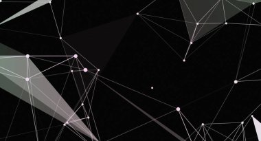 Karanlık bir zemin üzerinde beyaz çizgilerle düğümleri birleştiren soyut geometrik arkaplan. Tasarım yapıya benzer bir ağ oluşturuyor. Bu grafik çeşitli projeler için kullanılabilir.