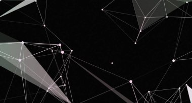 Düşük polimetrik şekiller kullanarak noktaları ve çizgileri birleştiren bir ağın soyut dijital illüstrasyonu. Ağ siyah bir arkaplanda beyaz olarak gösterilir, modern, fütüristik bir biçim yaratır.