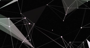 Birbirine bağlı düğüm ve çizgilere sahip bir ağ yapısını içeren soyut resim. Tasarım, ağı oluşturan beyaz çizgiler ve noktalarla siyah bir arkaplan üzerine kurulmuştur. Modern ve geometrik stil, teknoloji veya tasarım r için uygundur.